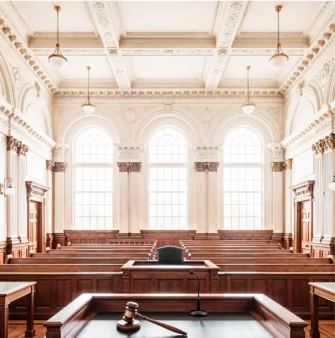 Elegant courtroom with tall arched windows, wooden decor, and ornate ceiling. A gavel on a desk conveys authority and formality. Bright and well-lit.
