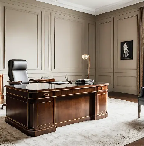 Luxurious office with a dark wooden desk, leather chair, elegant beige walls, and tall windows draped in curtains, exuding a sophisticated ambiance.