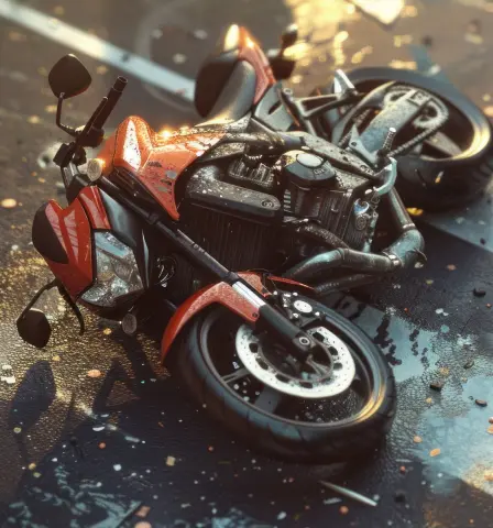 A red motorcycle lies on its side on a wet road, glistening under warm light, suggesting recent rain. The scene evokes a mood of solitude.
