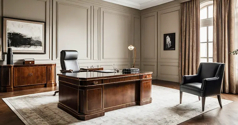 Luxurious office with a dark wooden desk, leather chair, elegant beige walls, and tall windows draped in curtains, exuding a sophisticated ambiance.